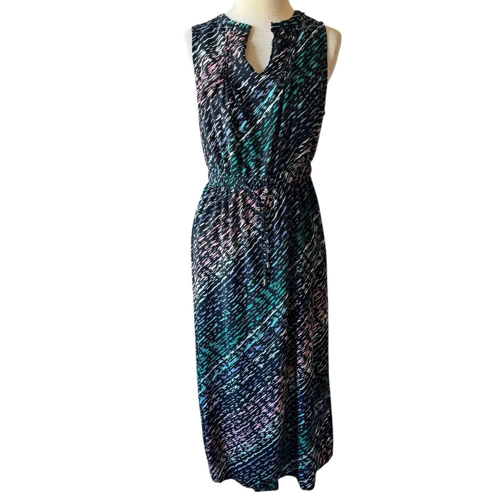 Apt. 9 Black Sleeveless Geo Artsy Print Sun Maxi Dress Sz Petite L Resort Modest